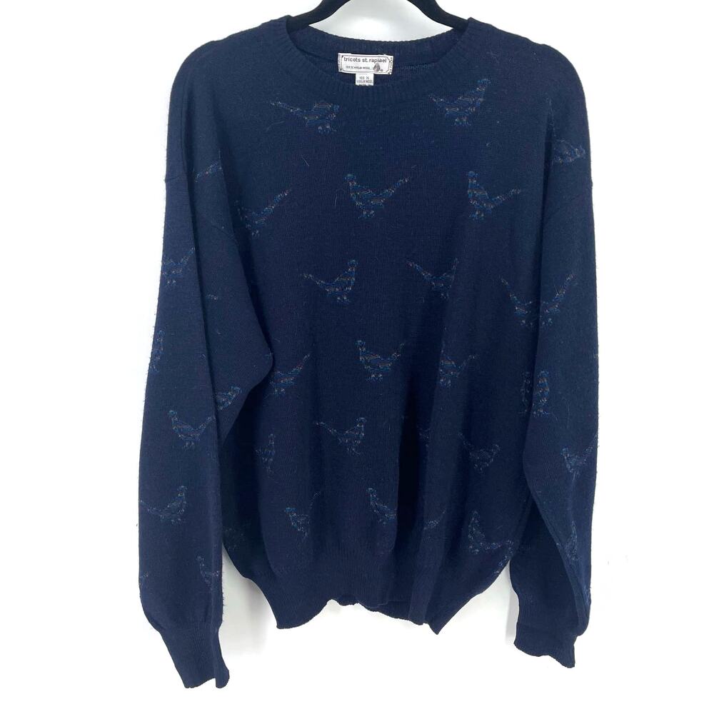 Vintage Tricots St Raphael Pheasant Virgin Wool Sweater Mens Size Large Blue